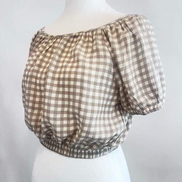 GILLI CREAM PUFFED SMOCKED ELASTIC CROPPED BLOUSE GINGHAM PATTERN SIZE S - Picture 2 of 10